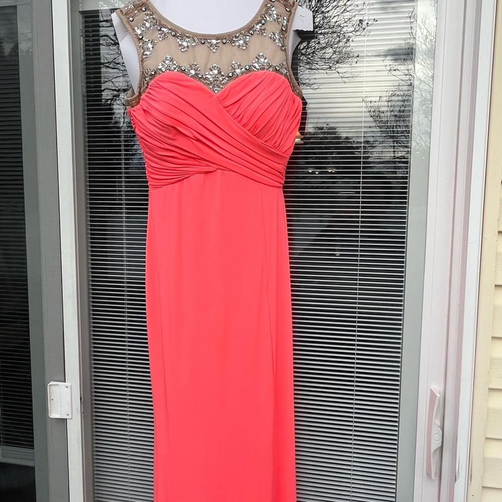 City Triangles Coral Beaded Illusion Neckline Prom Dress
